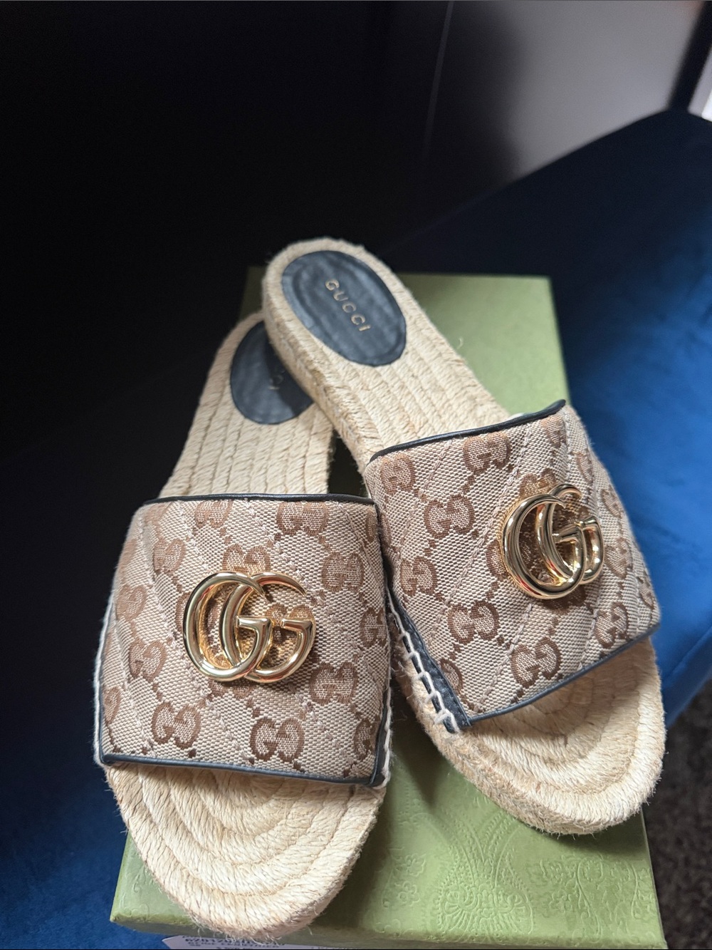 Gucci GG Canvas Espadrille Slide Sandals. Size 38